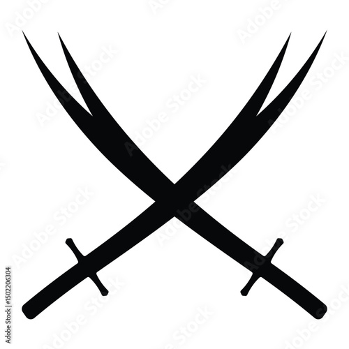 Crossed Zulfiqar swords vector icon. Islamic historical symbol used in battle flags, religious emblems, or fantasy designs. Black silhouette isolated on white background.