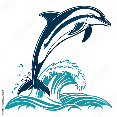 A dolphin jumping out of the water in the sea with a dynamic and playful illustration style