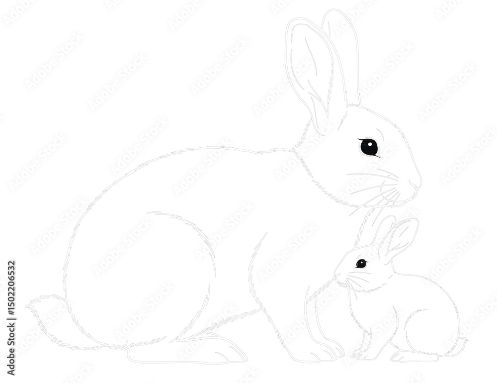 Fototapeta premium Rabbit outline line drawing, coloring exercise, depression therapy, meditation, vector format