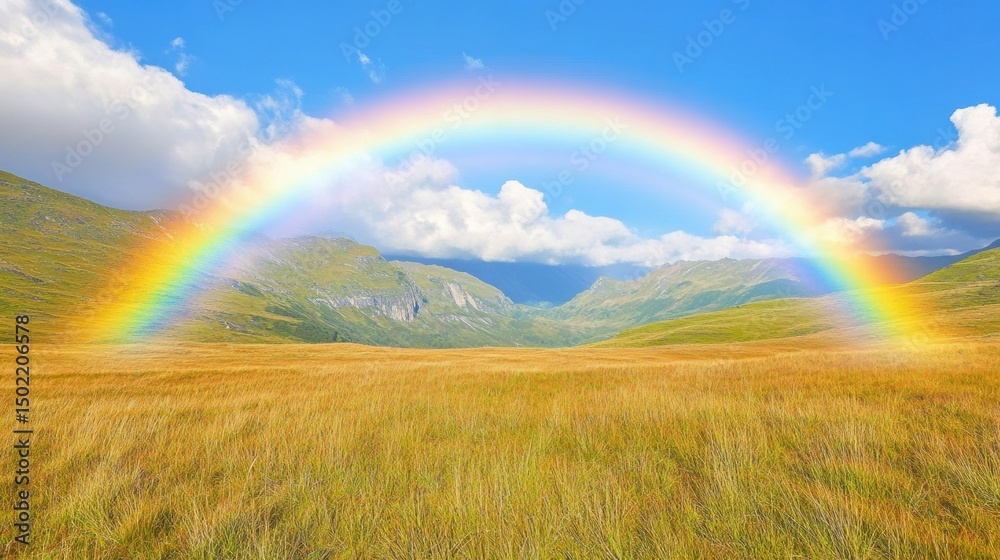 Naklejka premium A vibrant rainbow arches across a scenic landscape with rolling hills under a bright blue sky. The scene evokes a sense of hope, wonder, and natural beauty.
