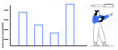 Bar chart with ascending data, woman holding tablet, analyzing and pointing at trends, pen for writing details. Ideal for business analytics, data presentation, trend analysis, growth forecasting