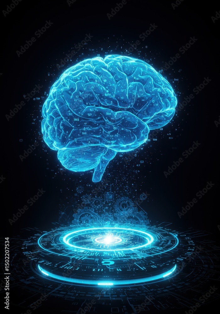 Fototapeta premium Holographic brain on futuristic platform, conceptual technology image