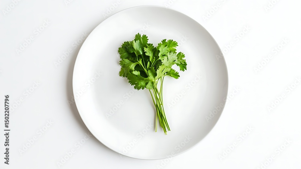 Fresh cilantro sprigs on a white plate Fresh cilantro sprigs on a white plate
