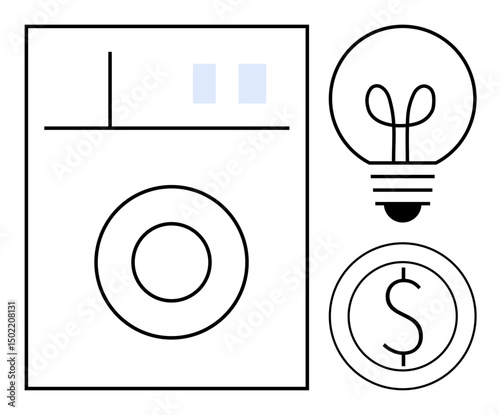 Washing machine, light bulb, and dollar sign symbolize energy efficiency, cost-saving, and innovation. Ideal for sustainability, home appliances, technology and budgeting. Flat simple metaphor
