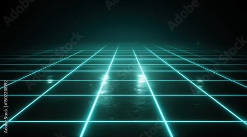 Teal neon grid lines on a dark, reflective surface recede to a vanishing point in a dark, atmospheric setting