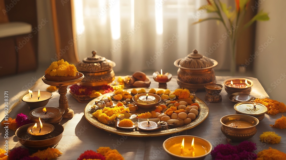 Fototapeta premium A table laden with traditional ceremonial food and candles.