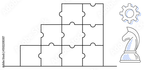 Stacked puzzle pieces symbolize building blocks, teamwork, problem-solving. Chess knight adds strategy, gear represents process and innovation. Ideal for strategy, planning, teamwork