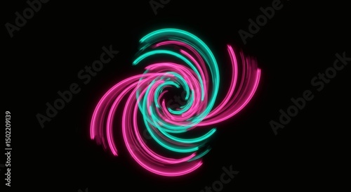 Abstract Neon Swirls: Pink and Teal Spiraling Light Trails on Black