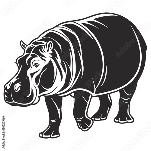 Monochrome Hippopotamus: A majestic hippopotamus, rendered in striking monochrome, strides purposefully. The bold contrast highlights its powerful physique.