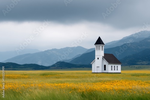 Tranquil village church with tall weathered steeple in lush meadow landscape for rustic nature designs