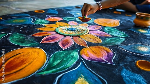 Colorful floral design painted on a dark surface.