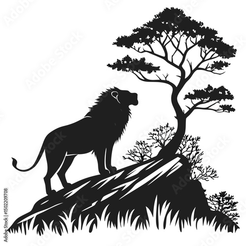 Lion Silhouette on Rock: Majestic lion silhouette standing proudly on a rocky outcrop, overlooking a small acacia tree. This striking image evokes a sense of power and wild beauty.