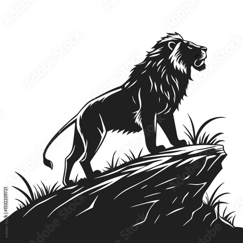 Roaring Lion King: A majestic lion, powerfully built with a thick mane, stands proudly atop a rocky outcrop, roaring defiantly. The monochrome style emphasizes the lion's strength and regal bearing.