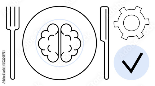 Plate with a brain flanked by fork and knife, adjacent gear and checkmark. Ideal for healthy habits, mindful eating, mental health, productivity, lifestyle choices, decision-making, simple landing