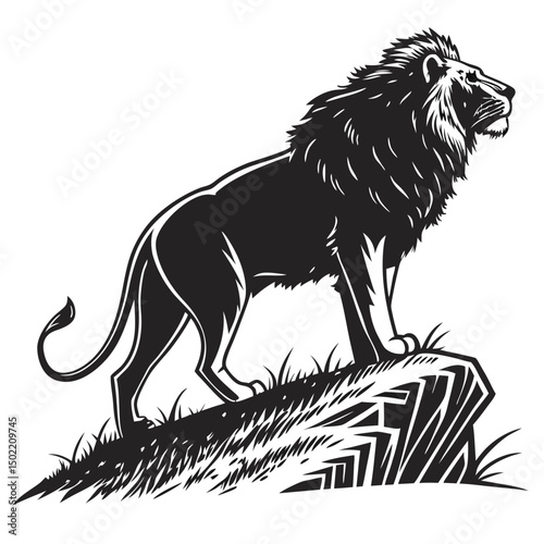 Lion, standing tall on a hill: A majestic lion illustration standing on a grassy knoll, gazing into the distance with regal poise