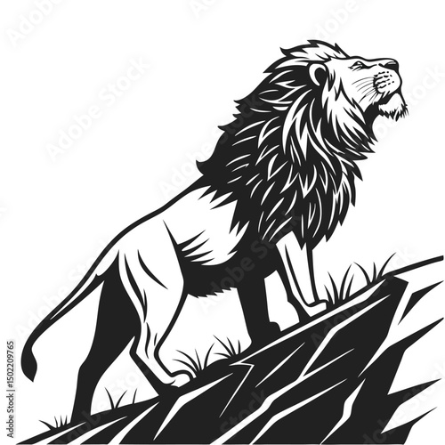 Majestic Lion's Roar: A striking monochrome depiction of a powerful lion on a rocky terrain, exuding confidence and authority with its majestic roar.