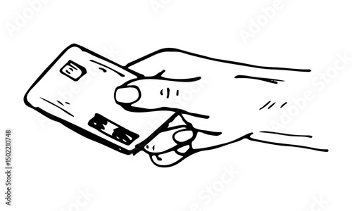 Hand-drawn illustration, hand holding a payment card, vector business concept.