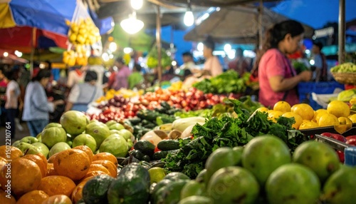 Bustling market scene with colorful produce under warm lighting at dusk