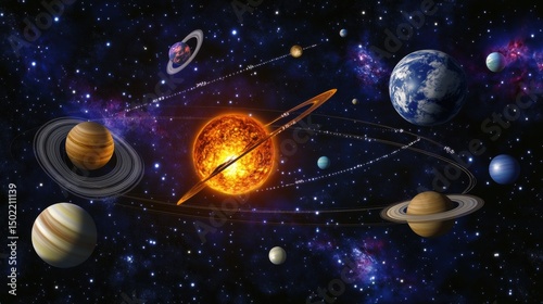 A captivating depiction of the solar system, showcasing celestial bodies against a backdrop of cosmic wonders.