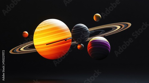 A stunning view of a solar system with vibrant planets against a dark background. This scene showcases the beauty of space.