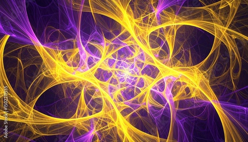 Glowing fractal design in yellow and purple hues, radiating from center