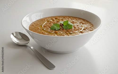 Warm Lentil Soup, a hearty and flavorful bowl of comfort food, garnished with fresh cilantro. Enjoy a delicious and wholesome meal. photo
