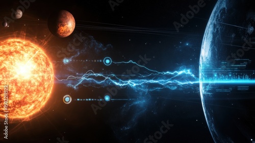A depiction of the sun and a planet. The sun radiates heat, and the planet has a blue surface and detailed features. There are planets orbiting the sun.
