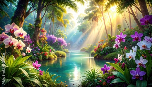 Lush jungle stream, sunlit, with vibrant orchids and tropical plants
