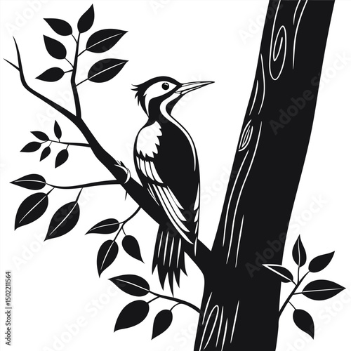 Woodpecker Silhouette Perched on a Branch: An artistic, monochrome depiction showcases a woodpecker, its form sharply defined, perched on a branch.