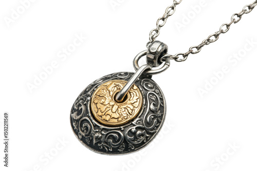 Ornate silver necklace with a circular, two-toned pendant featuring intricate carvings and a gold center.  The chain is linked and substantial