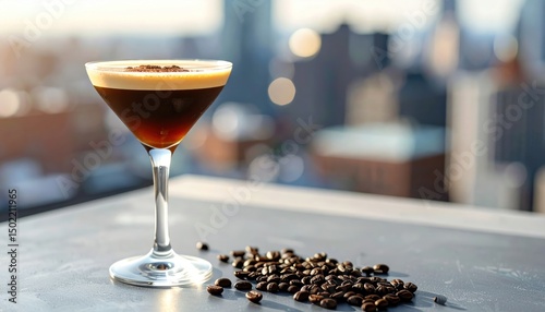 Espresso martini in a glass with beans atop, cityscape background