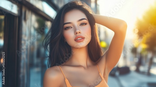 A beautiful young woman with long dark hair and radiant skin. She is wearing an orange top and has one arm gracefully raised behind her head. The sun creates a warm, golden glow on her face.