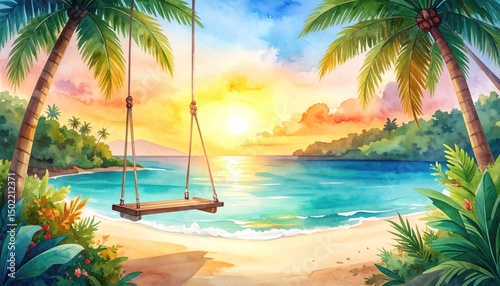 Tropical beach scene with swing; watercolor art