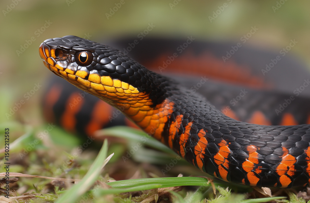 Obraz premium Garter Snake Close-up in Natural Habitat Featuring Black and Orange Scales
