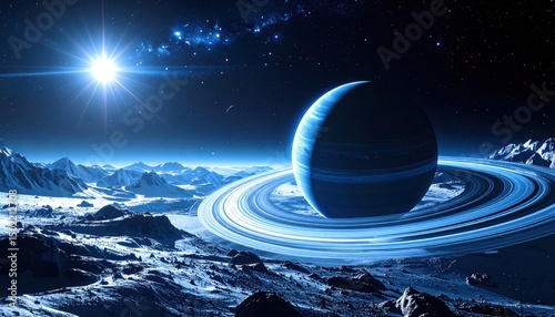 Ringed planet, lunar-like rocks, and distant stars under a bright sun in a blue alien landscape