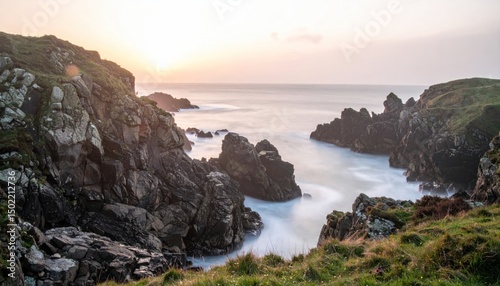 Rocky coast at sunset with swirling water