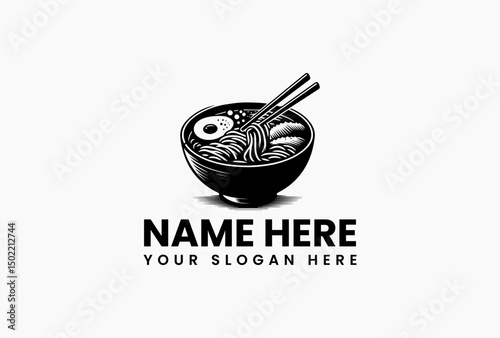 Minimalist ramen bowl logo with chopsticks and ingredients in monochrome vector art. Asian street food emblem  