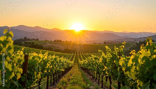 Vineyard rows glow under a golden sunset with distant hills