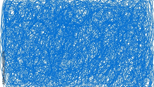 A chaotic abstract pattern of dense blue scribbles on a white background, creating a sense of motion and intensity.
