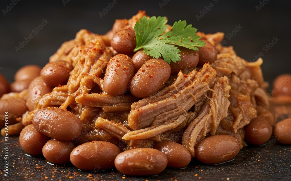 Fototapeta premium Savory Slow Cooked Pork And Beans Aromatic Spice Blend Tender Meat Juicy Beans Hearty Meal