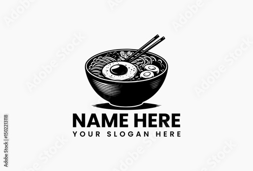 Minimalist ramen bowl logo with chopsticks and ingredients in monochrome vector art. Asian street food emblem  