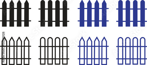 Fence, protection icons set flat and outline styles. Garden, outdoor, house or yard signs vectors. Wall exterior boundary, wooden symbols for web and mobile app isolated on transparent background.