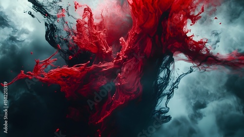 A dreamy scene of a vibrant abstract composition with flowing red and black elements intertwining