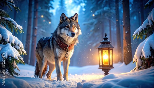 Wolf in a snowy forest with a lantern, illuminated by soft blue light, wearing a collar