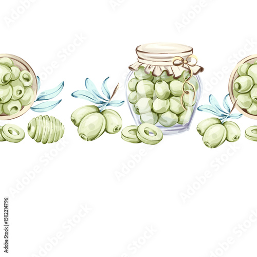 Olives and olive oil illustrated in watercolor showcasing Italian culinary beauty and natural elegance frame, border, arrangement, seamless pattern