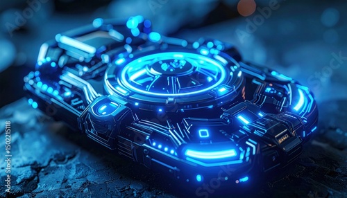 Futuristic device with intricate details, illuminated with bright blue lights on a textured surface