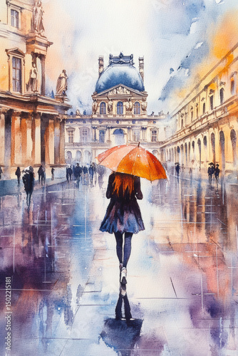 paris watercolor cityscape architecture statues sky