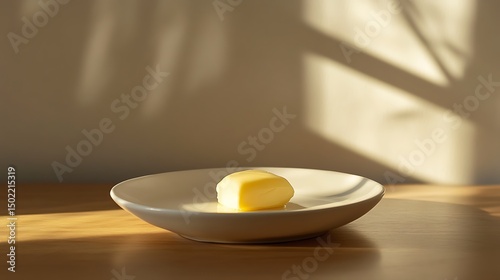 A pat of butter on a white plate with sunlight casting shadows