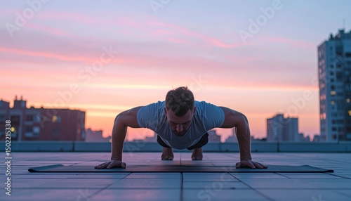 Man does push-ups on a rooftop mat against a vibrant sunset backdrop