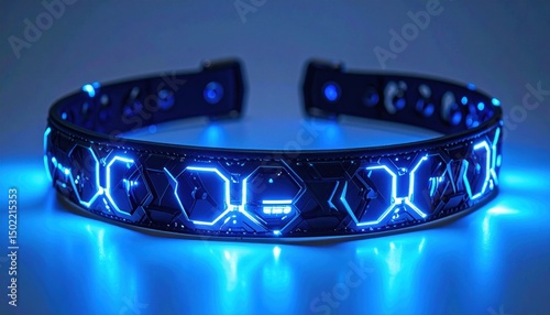 Glowing futuristic collar with intricate blue neon patterns
